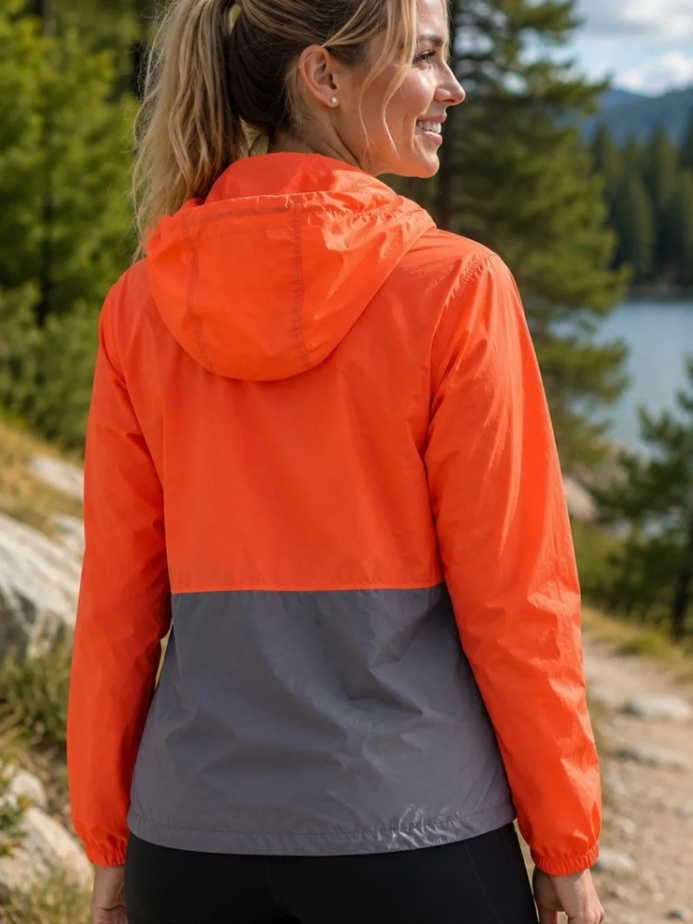 Columbia Full Zip, Hoodie Wind Breaker in Orange and Gray.